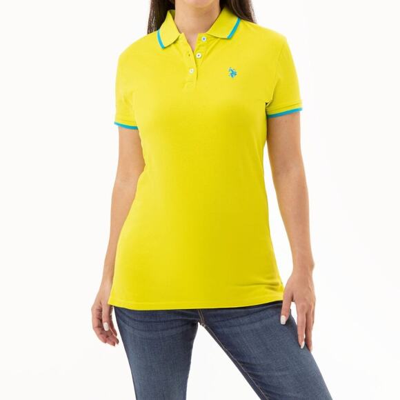 U.S. Polo Assn. Women's Tipped Solid Polo Shirt Color - Electric Lime - Size L - Picture 2 of 6